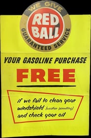 We Give Red Ball Guaranteed Service Gasoline Cardboard Advertising 1950s Sign