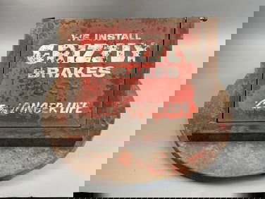 Grizzly Brakes Original 1950s Metal Advertising Swinging 2' Diameter Service Station Garbage Can Lid