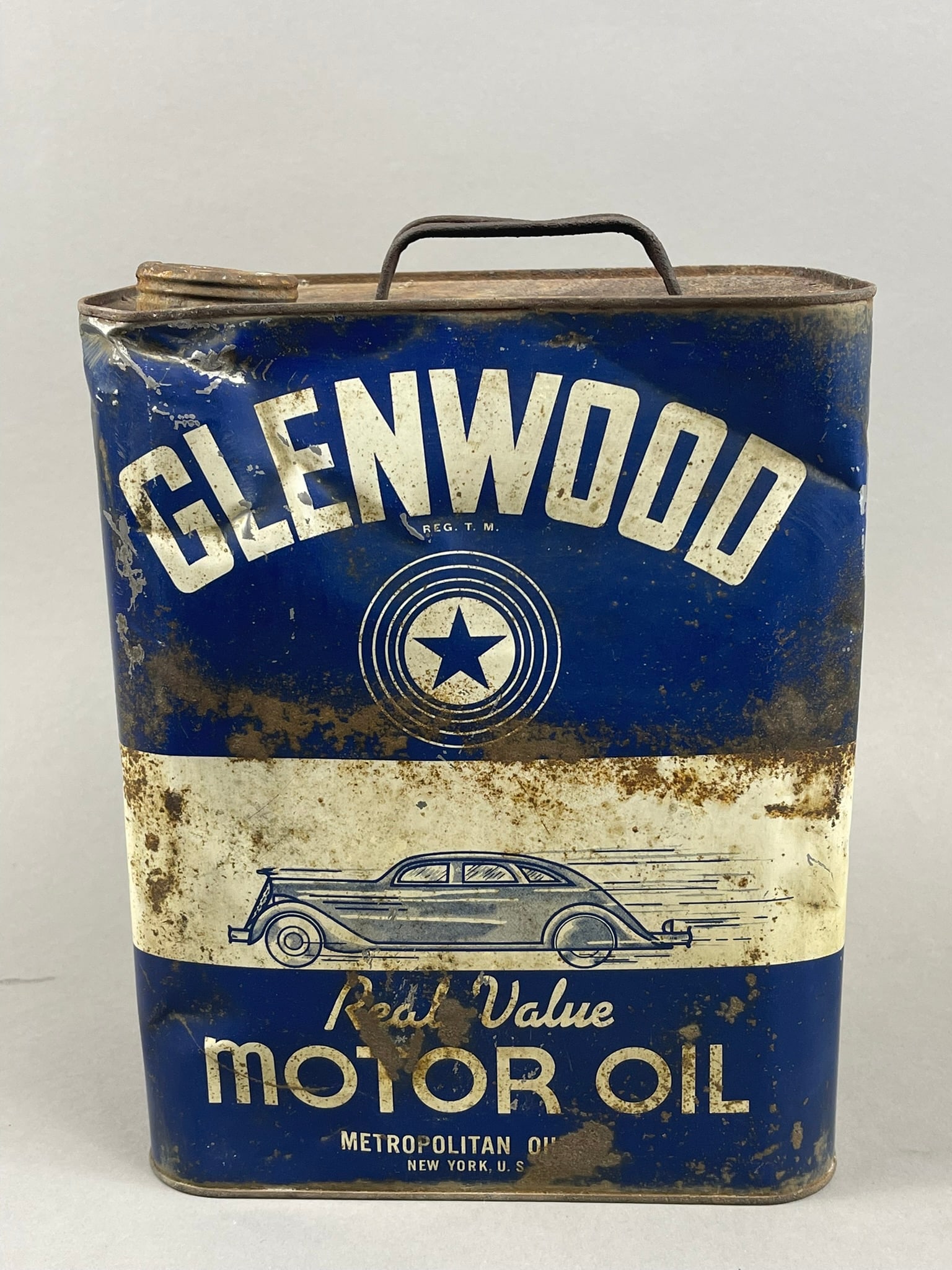 Glenwood Motor Oil Co Metal 2 Gallon Can by Metropolitan Oil Co. Penfield New York USA: See all photos for condition and other 2 gallon cans listed. Light wear, paint loss, dents, dings, etc.