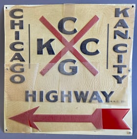 Chicago Kansas City Highway NOS 1940s Embossed Painted Metal Advertising Sign w/ Rice Paper