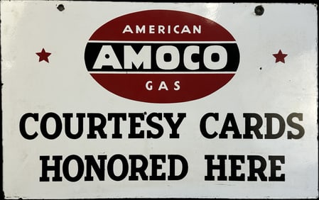 American Gas Amoco Courtesy Cards Honored Here Double Sided Porcelain Hanging Advertising Sign