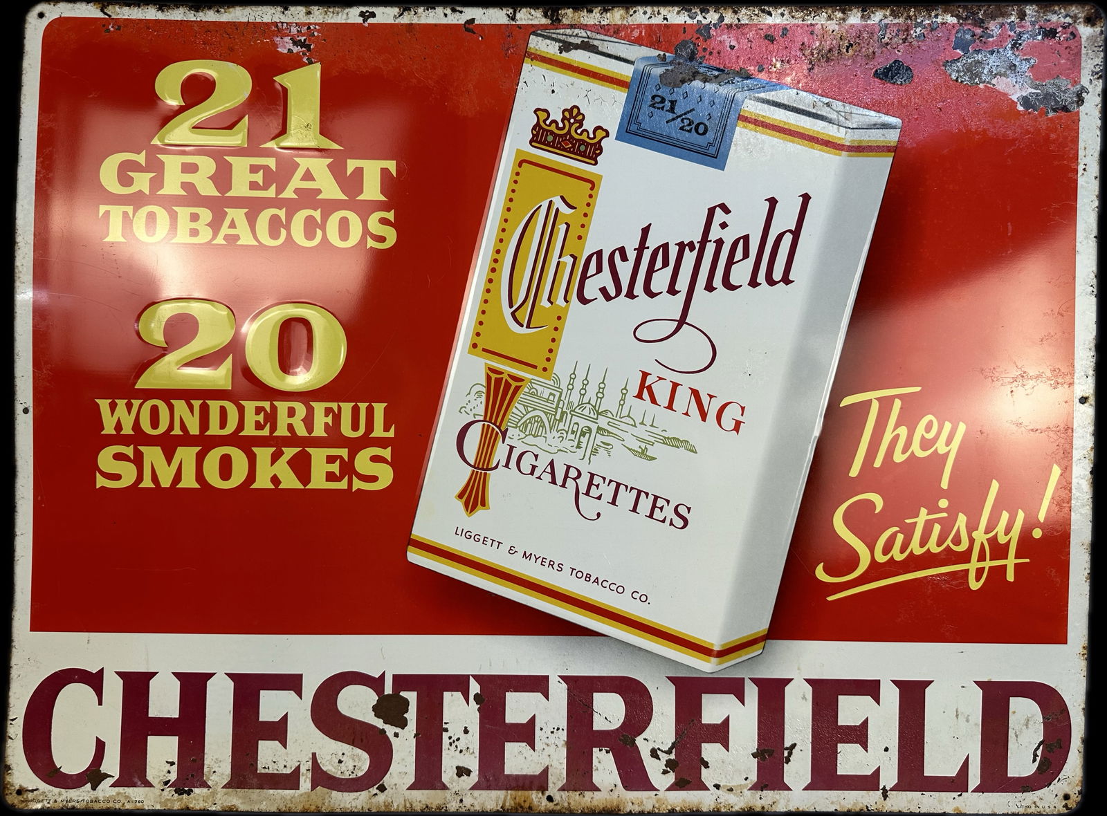 1950s Chesterfield Cigarettes Embossed Painted Metal Advertising Sign (1 of 5)