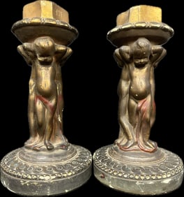 Pair Art Nouveau 1910s-20s Plaster Cherub Gold Gilted Matching Deco Lamps