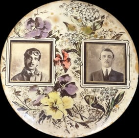 Large 9" Celluloid Over Tin Early 1900s Convex Photograph w/ Race Car Driver Goggles & Duster by
