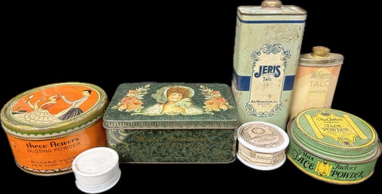 Lot of 7 1920's Deco Era Ladies Talc Powder Tin Containers