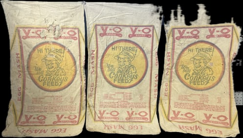 Lot 3 Original 1940s Canvas Conkeys Yo Yo Brand Egg Mash  Feeds Feedsacks