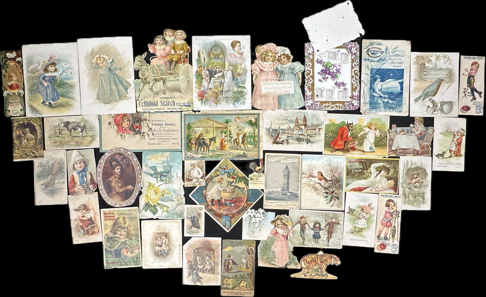 Large Lot of 41 Victorain Era Trade Cards Cats Children Ephemera Lot: Great large lot of 41 pieces. A great variety of themes and products throughout this lot. Some loss and wear due to being glued. Varying size and wear.