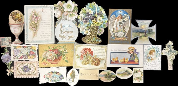 Large Lot of  21 Victorian Era Happy Easter Holidays Diecut  Cards Ephemera Lot
