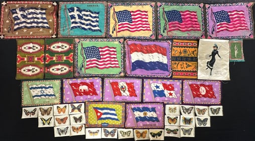 Large Lot of 42 Early 1900's Tobacco Flag Felts Butterfly Silks Tokyo Cigarettes
