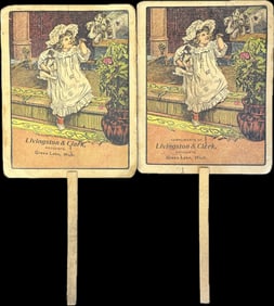 Lot of 2 Early 1900s Advertising Hand Fans Livingston & Clark Druggists Grass Lake Michigan