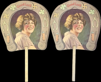 Lot of 2 Early 1900s Advertising Hand Fans Good Luck Ann Arbor Floral Company Advertising