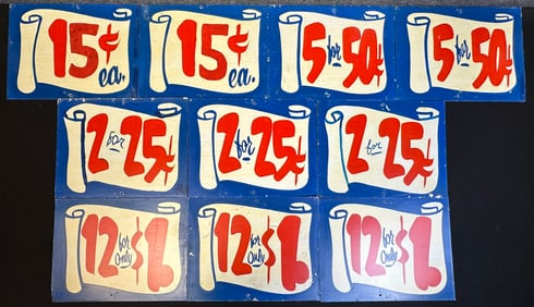 Lot of 10 Early 1900s Hand Painted Metal General Store Merchandise Produce Pricer Signs