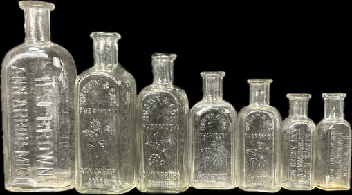 Lot of 7 Antique Brown Pharmacy Glass Bottles Ann Arbor Michigan