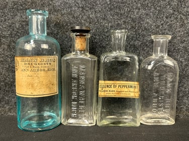 Lot of 4 Antique Mann Bros Druggist Pharmacy Bottles Ann Arbor Michigan