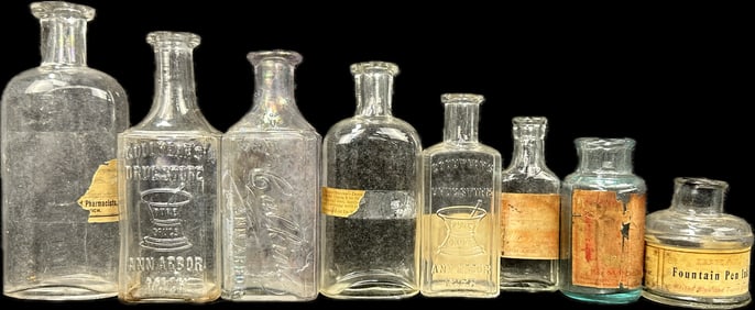 Lot of 8 Antique Pharmacy Bottles Goodyears Calkins Ann Arbor Michigan