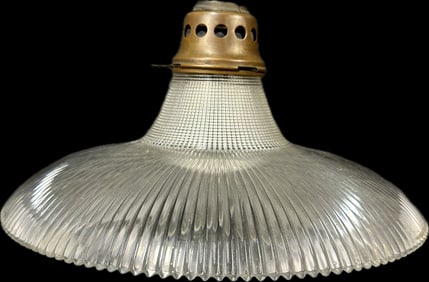Early 1900's Ribbed Glass 10" Holophane Pagoda Crystal Lamp Shade w/Brass Fittings