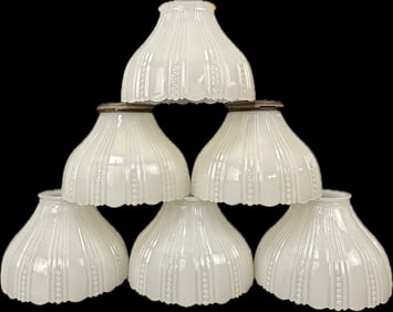 Large Lot of 6 1900s Ribbed Milk Glass Student Lamp Shades 5.25" Diameter