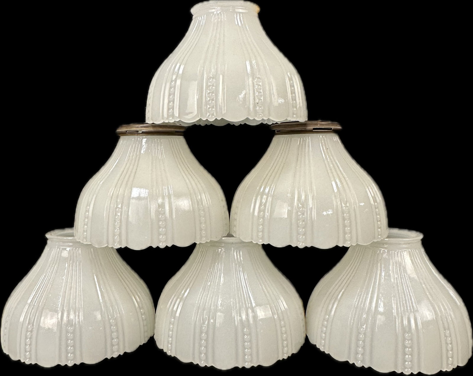 Large Lot of 6 1900s Ribbed Milk Glass Student Lamp Shades 5.25" Diameter (1 of 8)