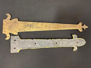 Lot of 2 Late 1800s Hammered Brass & Wrought Iron Strap Hinges