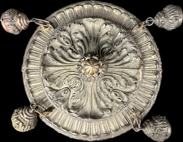 Fantastic Late 1800s Art Noveau Heavy Brass Hanging 4 Light Chandelier Ornately Decorated Pan Style