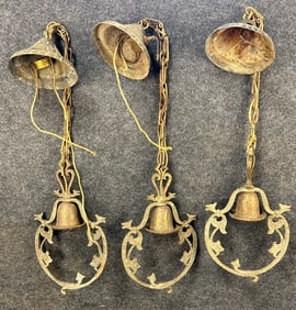 Lot of 3 Late 1800s Hanging Brass & Cast Iron Lamp Fixtures Ornately Decorated