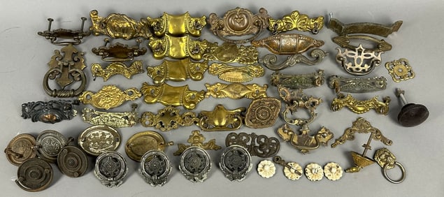 Fantastic Lot of 51 Antique Victorian Brass Drawer Pulls & Parts