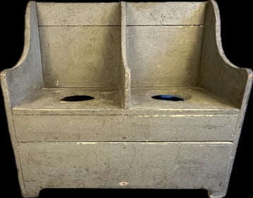 Fantastic Antique 19th Century Wood Double Potty Seat Old Blue Paint