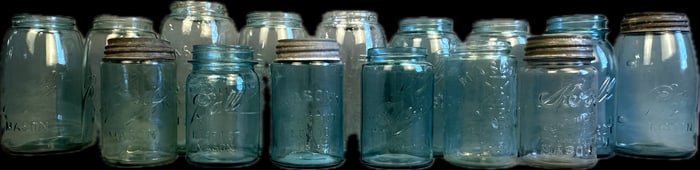 Lot of 15 Antique Ball Mason Kerr Canning Fruit Jars Blue Green Glass Quart Pint