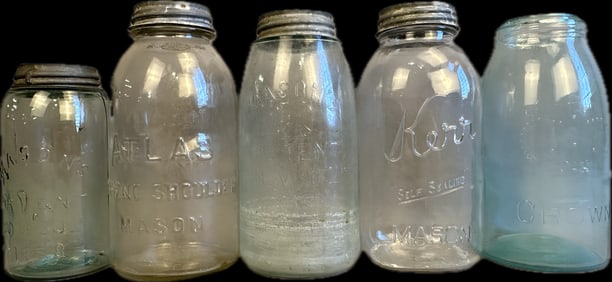 Lot of 5 Antique Ball Mason Crown Atlas Kerr Green Blue Glass Canning Fruit Jars