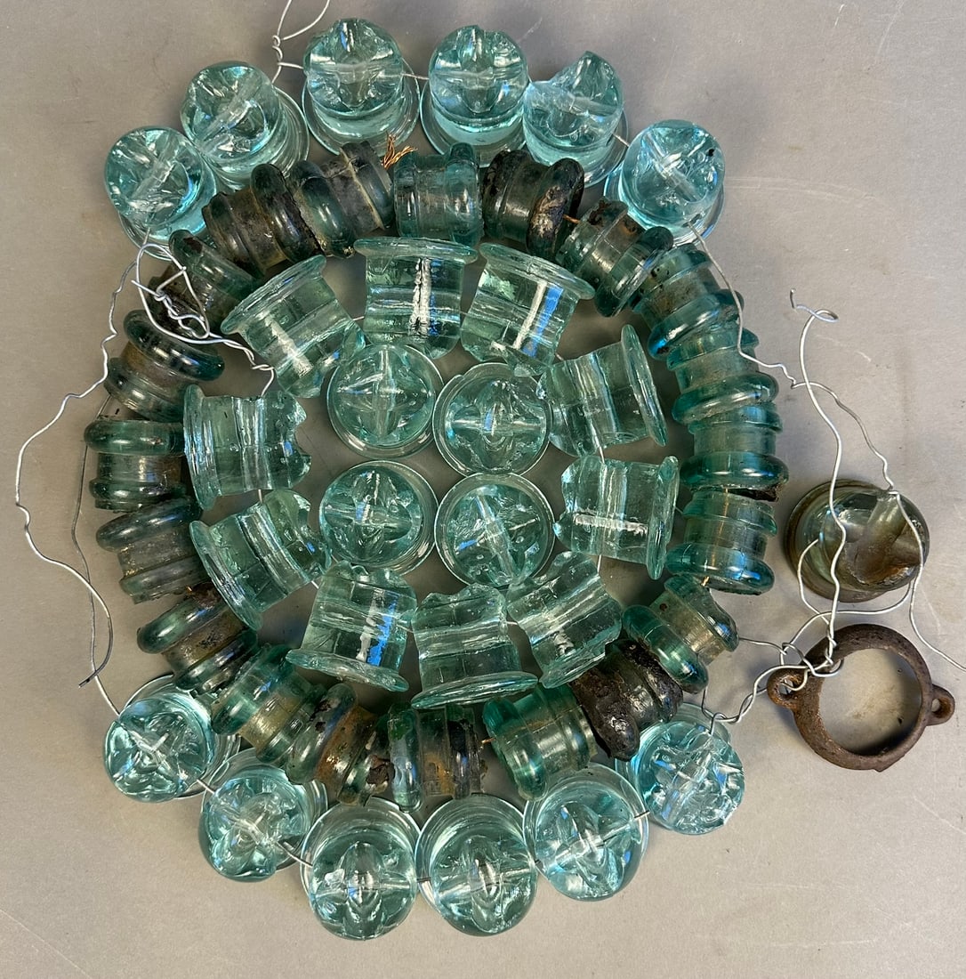 Huge Lot of 46 Early 1900s Cross Top Glass Insulators Green Blue Clear Glass Lightning Rod (1 of 9)