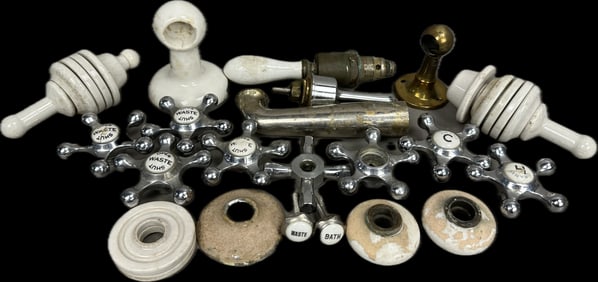 Large Lot Early 1900s Porcelain & Stainless Steel Bathroom Fixture Parts Knobs Fittings