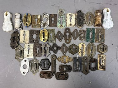 Huge Lot 45 Antique Eastlake Victorian Key Hole Plates Brass Metal