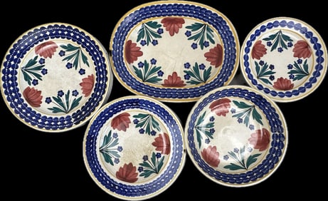 Large 13 Piece Lot Antique Stick Spatterware Auld Heather Ware Plates Bowl Platter Scotland