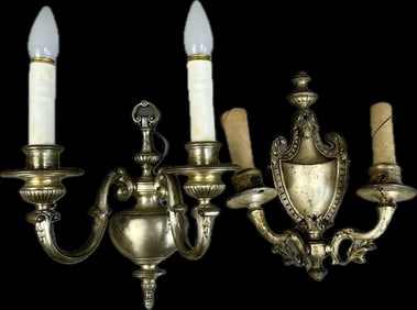 2 Piece Lot Antique Silver Plate Wall Mounted 2 Bulb Sconce