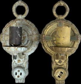 Antique Eastlake Victorian Matching Pair Puritan Cast Iron Candle Wall Mounted Sconces