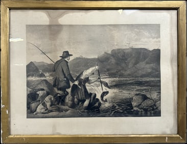 Fantastic Late 1800s Engraving Richard Ansdell Gaffing a Salmon Fishing Scene England