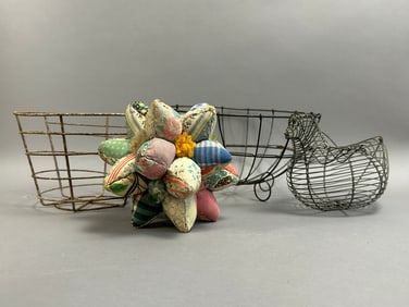 4 Piece Antique Primitive Lot 3 Wire Egg Baskets Early Pin Cushion