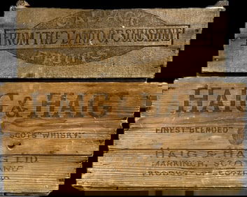2 Piece Antique Advertising Crate Lot Haig Haig Scotch Whiskey Calpack Fruits Wood Crates