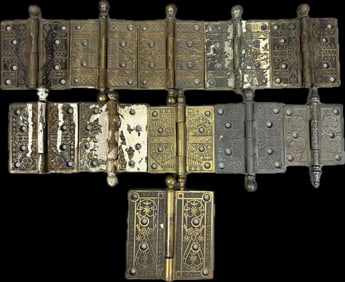 Fantastic 11 Piece Antique Eastlake Victorian Brass Door Hinge Ornately Decorated Lot 3 Matching Set