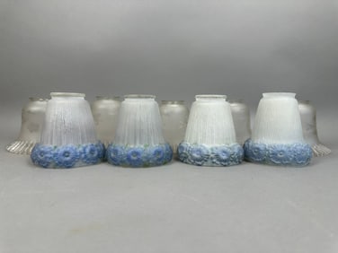 Beautiful 9 Piece Lot Antique Painted Glass Ruffled Embossed Lamp Shades 2 Sets