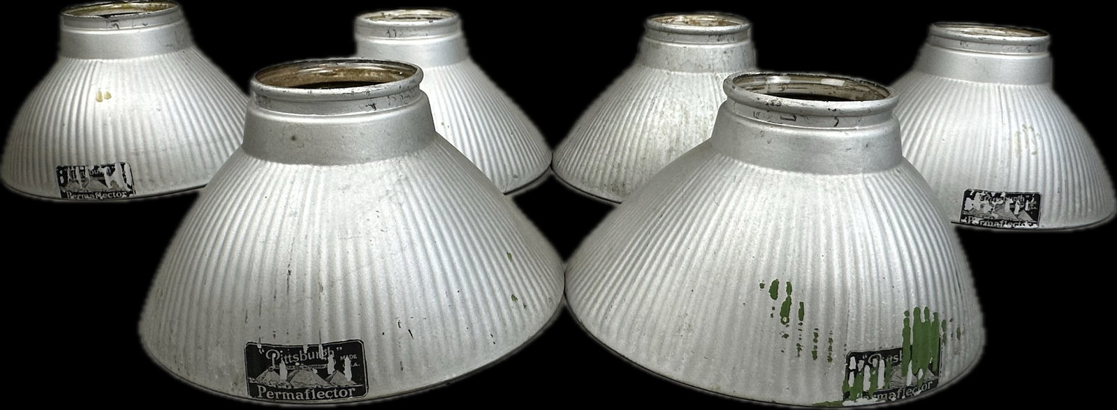 6 Piece Antique Early 1900s NOS Rippled Glass Pittsburgh Permaflector Lamp Shades: This lot has 6 NOS Pittsburgh Permareflector lamp shades. Each are marked with a label. Overall measurements of 1 are 8.5"x8.5"x11.75".