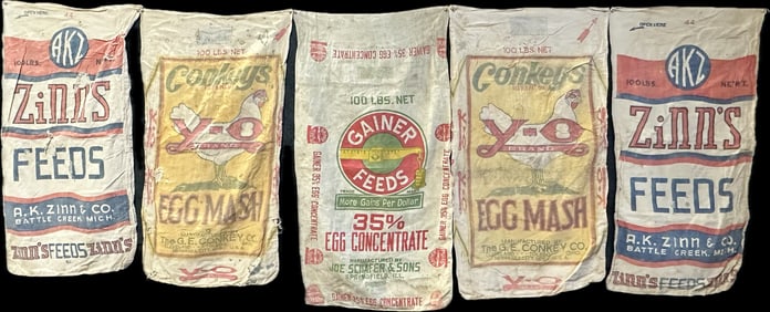 5 Piece Antique Feed Sack Lot Egg Mash Gainers Chicken Feed Zinns Conkeys Canvas Feed Sacks