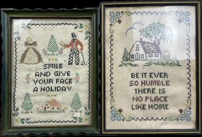 2 Piece Lot Antique Sampler Style Stiching Framed Pieces