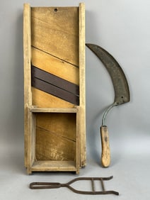 3 Piece Antique Primitive Kitchen Hand Utensil Lot Hand Scythe Slaw Cutter Metal Holder
