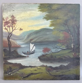 Beautiful Early 1900s Oil On Canvas Signed Barhentes Sailboat Lake Scene
