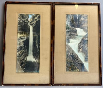 Pair Early 1900s Matching Signed Harris Watkins Glen NY Nature Falls Cavern Photos