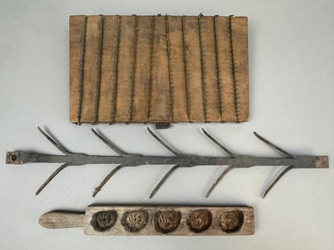 3 Piece Antique Primitive Lot Wood Mold Wrought Iron Corn Dryer Grater Mounted on Board