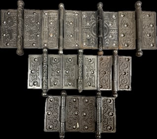 9 Piece Antique Brass Eastlake Victorian Door Hinges Ornately Decorated 1 Matching Pair