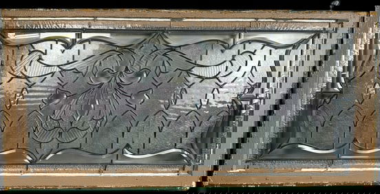 Beautiful Antique Leaded Stained Glass Window Floral Motif Painted Frame