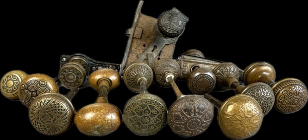 20 Piece Lot Eastlake Victorian Brass Ornately Decorated Door Knob Plate
